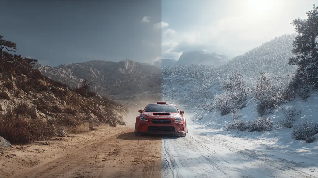 A split image shows a red rally car driving down a mountain road. The left side depicts a dry, rocky, desert-like landscape, while the right side shows the same road covered in snow, with a snowy forest in the background.  The contrast highlights the diverse driving conditions a rally car might encounter.
