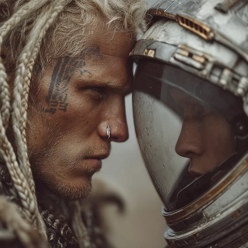 Close-up view of a man with long bleached dreadlocks and facial tattoos, forehead to forehead with an astronaut inside a weathered helmet. The man's expression is solemn, his gaze directed downward.  The astronaut's face is partially visible through the helmet's visor, mirroring the man's pensive mood. The image evokes a sense of longing or farewell, possibly a poignant reunion or goodbye. The setting appears to be a desolate, dusty landscape.