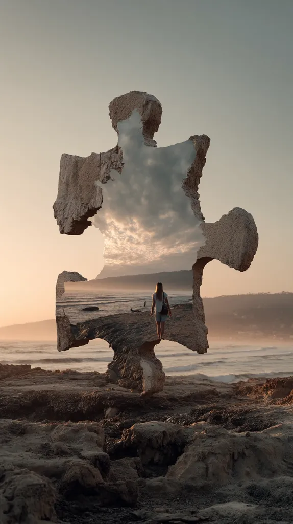 A large, weathered rock shaped like a puzzle piece stands on a beach at sunset.  Inside the rock's crevices, a tranquil ocean scene is visible, showing a woman standing on the shore.  The image juxtaposes the rugged texture of the rock with the serenity of the beach, creating a surreal and contemplative mood. The overall effect is one of mystery and connection.