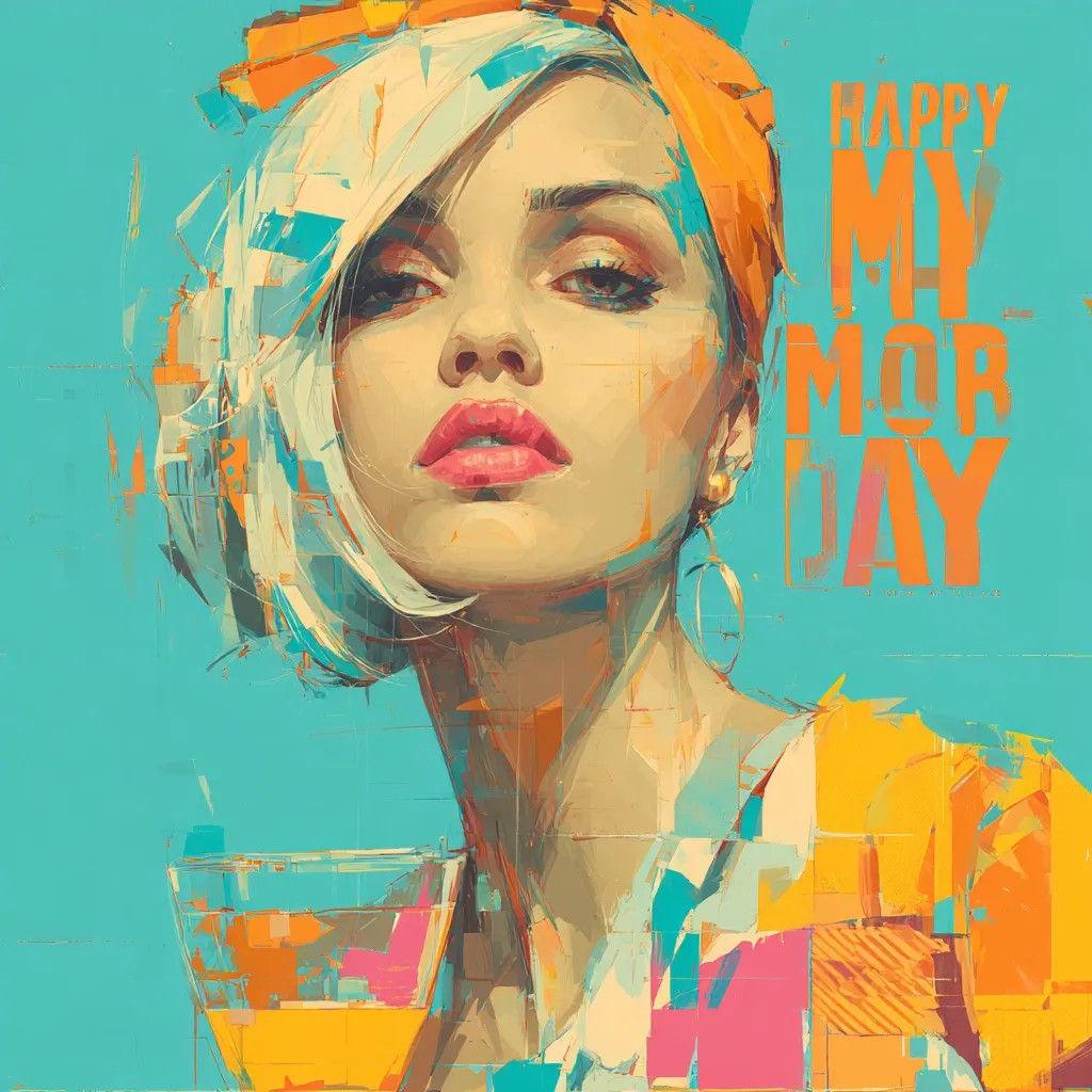 A vibrant, stylized portrait of a woman with short, platinum blonde hair and an orange headscarf.  She holds a glass of orange liquid, her expression serene.  The background is a teal blue, contrasting with the warm tones of her clothing and the "Happy My Monday" text overlayed in bold, orange letters. The painting style is bold and impasto, using blocks of color and texture.