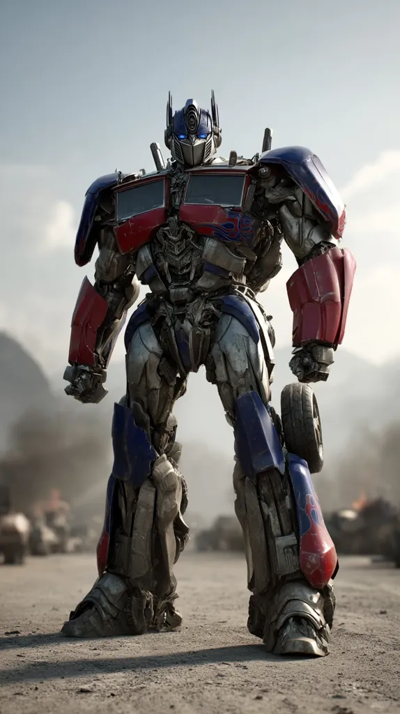 A weathered Optimus Prime stands amidst a desolate, post-battle landscape.  His iconic red, blue, and gray chassis shows signs of wear and damage, reflecting the intensity of conflict.  The background hints at a devastated environment, with wrecked vehicles scattered across the horizon under a muted sky.  The image conveys a sense of weariness and the aftermath of a significant struggle.