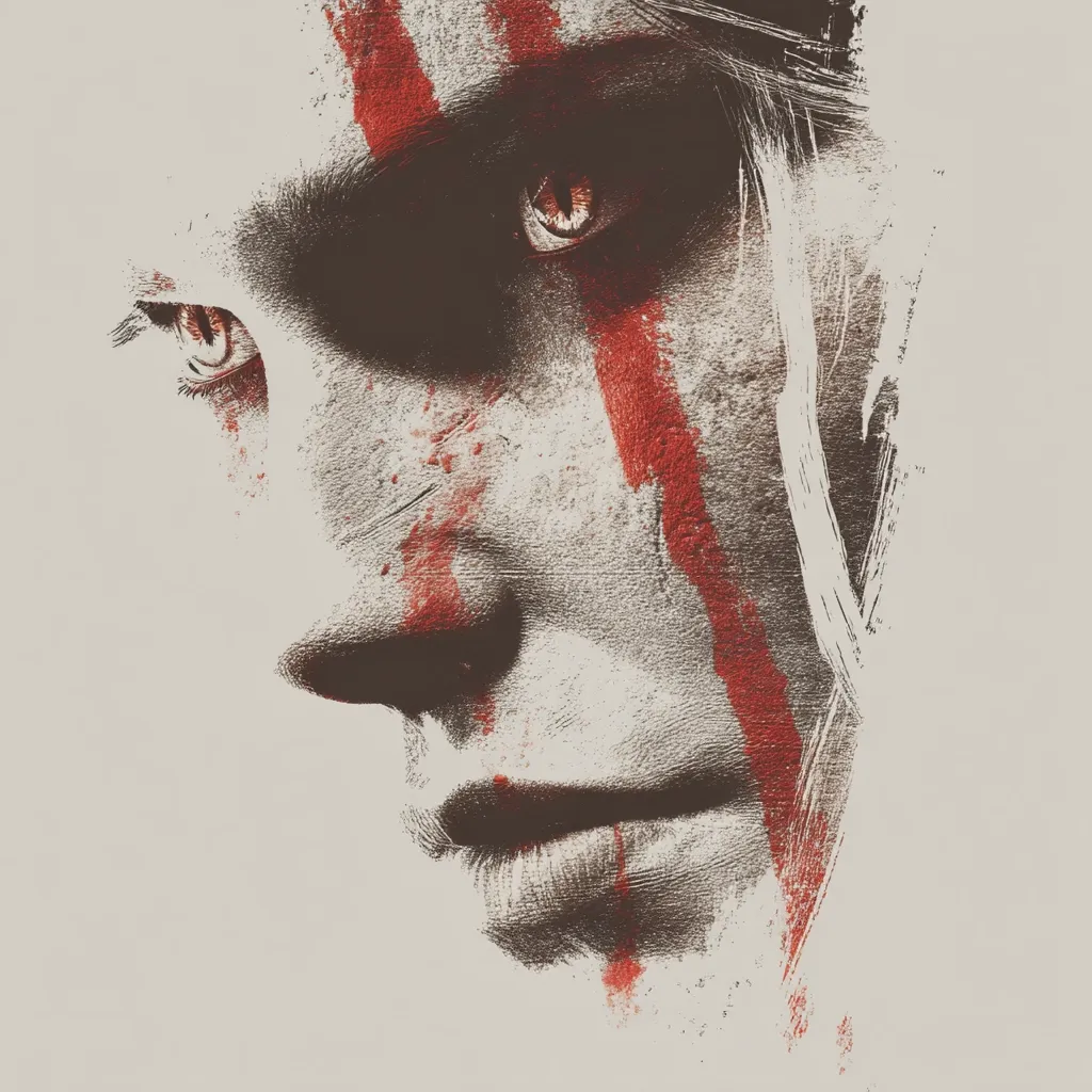A close-up, stylized portrait of a woman's face.  Her skin appears textured and weathered, adorned with streaks of red paint resembling war paint or wounds.  Her eyes, intense and expressive, are partially visible, conveying a sense of strength and perhaps suffering. The overall tone is gritty and dramatic, suggesting a warrior or survivor.