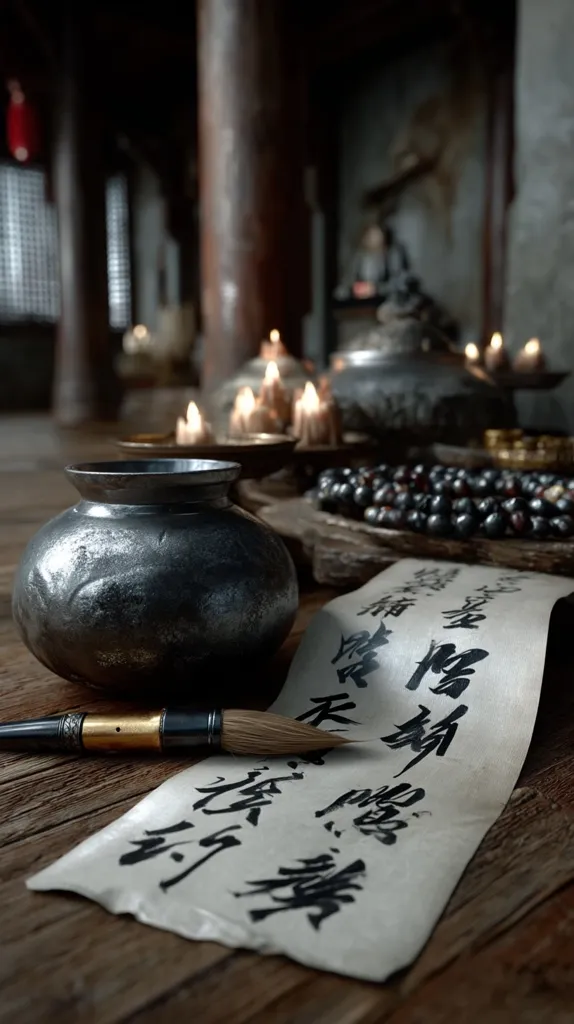 A dimly lit scene featuring a rustic wooden table holds a metal pot, a calligraphy brush resting on a scroll of Chinese characters, and a string of dark beads.  Surrounding the table are several small candles in metal holders, creating a warm glow against the dark background. The atmosphere is serene and contemplative, suggesting a study or meditation space.  The overall aesthetic is antique and traditional.