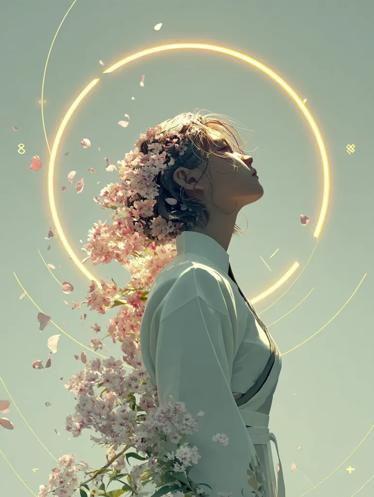 A serene digital painting depicts a woman in a flowing, light-green robe.  Her hair is adorned with delicate pink blossoms, which also cascade down her back, creating a mystical aura.  She stands gracefully, eyes closed, within a luminous golden halo, suggesting peace and spiritual connection.  Floating petals surround her, enhancing the ethereal ambiance of the artwork.
