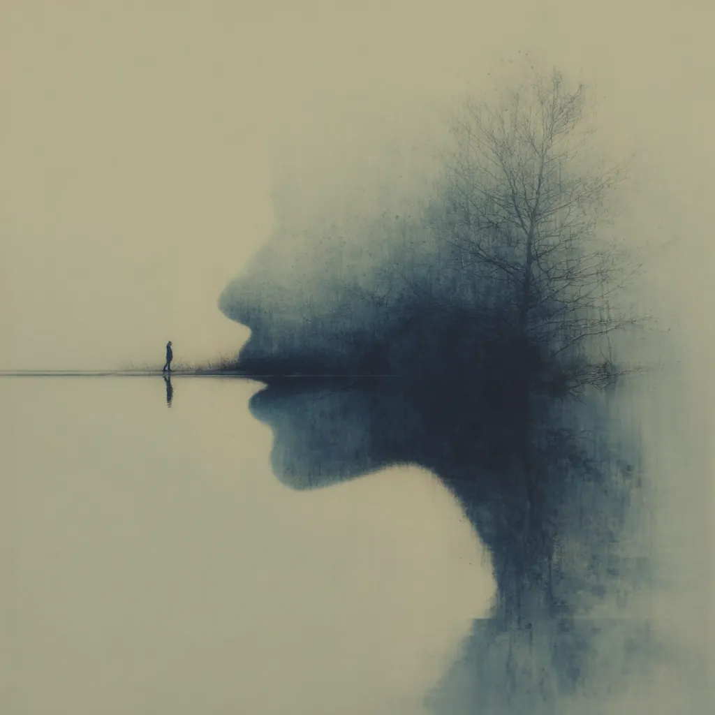 A solitary figure walks along a calm body of water.  A large, indistinct face, partially obscured by a misty landscape and a bare tree, looms on the opposite shore. The image is dreamlike and evokes a sense of mystery and isolation, the reflection mirroring the ethereal scene above.  The overall tone is somber and contemplative.