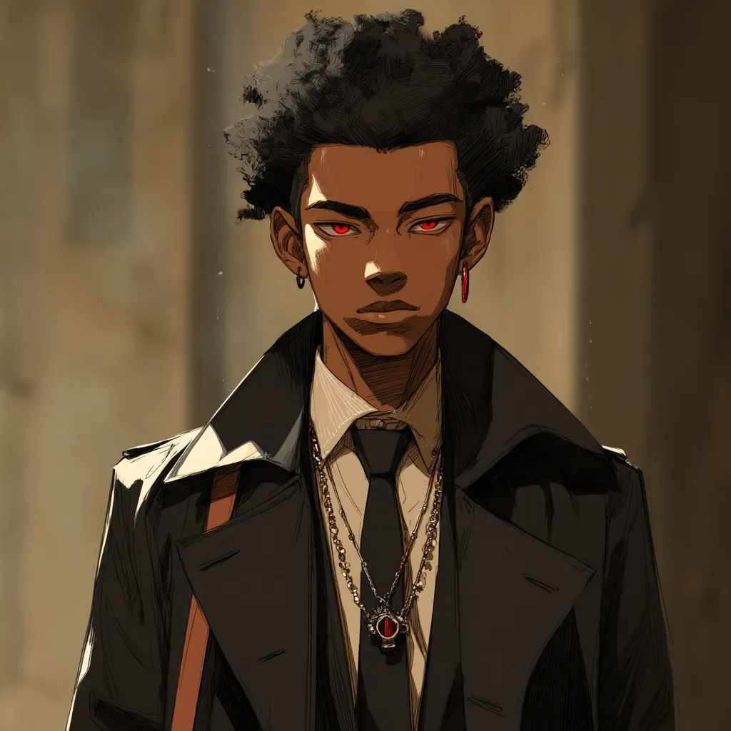 A stylized portrait of a young Black man with a serious expression. He has a dark afro, red eyes, and wears a dark coat over a collared shirt and tie.  He sports gold necklaces with pendants and red hoop earrings. The art style is digital painting, with visible brushstrokes and a focus on contrast and shadow.  The background is blurred, suggesting an urban setting.