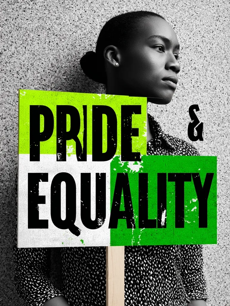 A black and white image of a young woman holding a sign that reads "PRIDE & EQUALITY" in bold, black letters against a vibrant green and white background. The woman's serious expression and the sign's message convey a powerful statement about pride and the fight for equality.  The distressed texture of the text adds to the impactful visual.