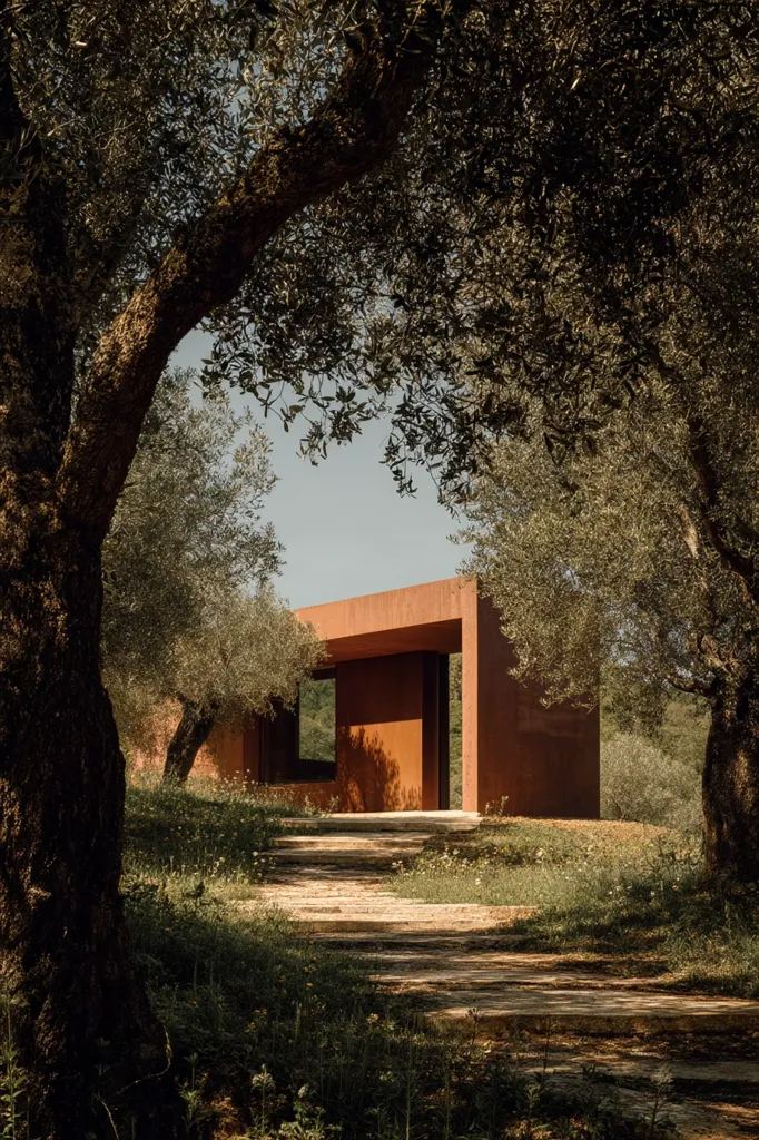 A rustic, reddish-brown structure, possibly a pavilion or guesthouse, is nestled within a grove of olive trees.  Sunlight filters through the trees, illuminating a stone pathway leading to the building's entrance. The architecture is minimalist, with clean lines and a muted color palette that complements the natural surroundings. The scene evokes a sense of tranquility and seclusion.