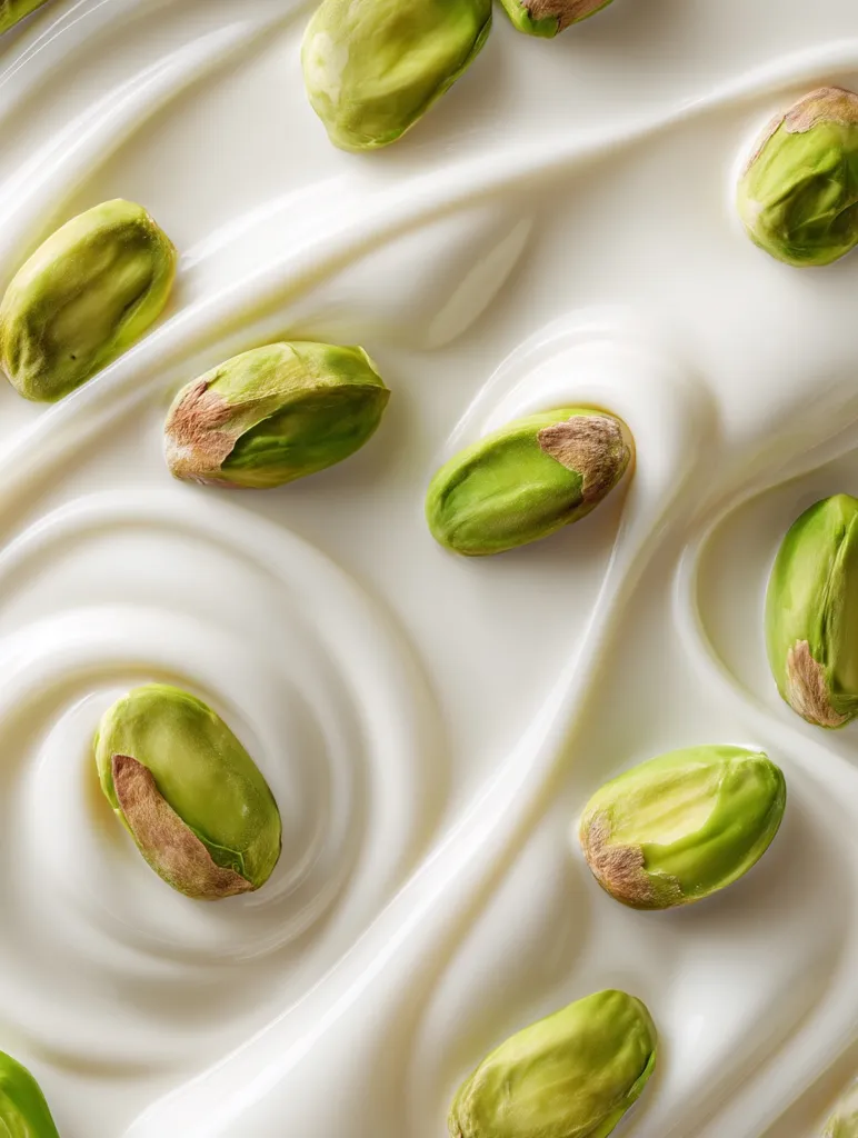 Swirled white cream provides a backdrop for scattered pistachio nuts.  The vibrant green of the pistachios contrasts beautifully with the smooth, creamy texture. The image emphasizes the freshness and richness of both ingredients, suggesting a delicious and luxurious treat.  The close-up perspective highlights the details of both the nuts and the cream.
