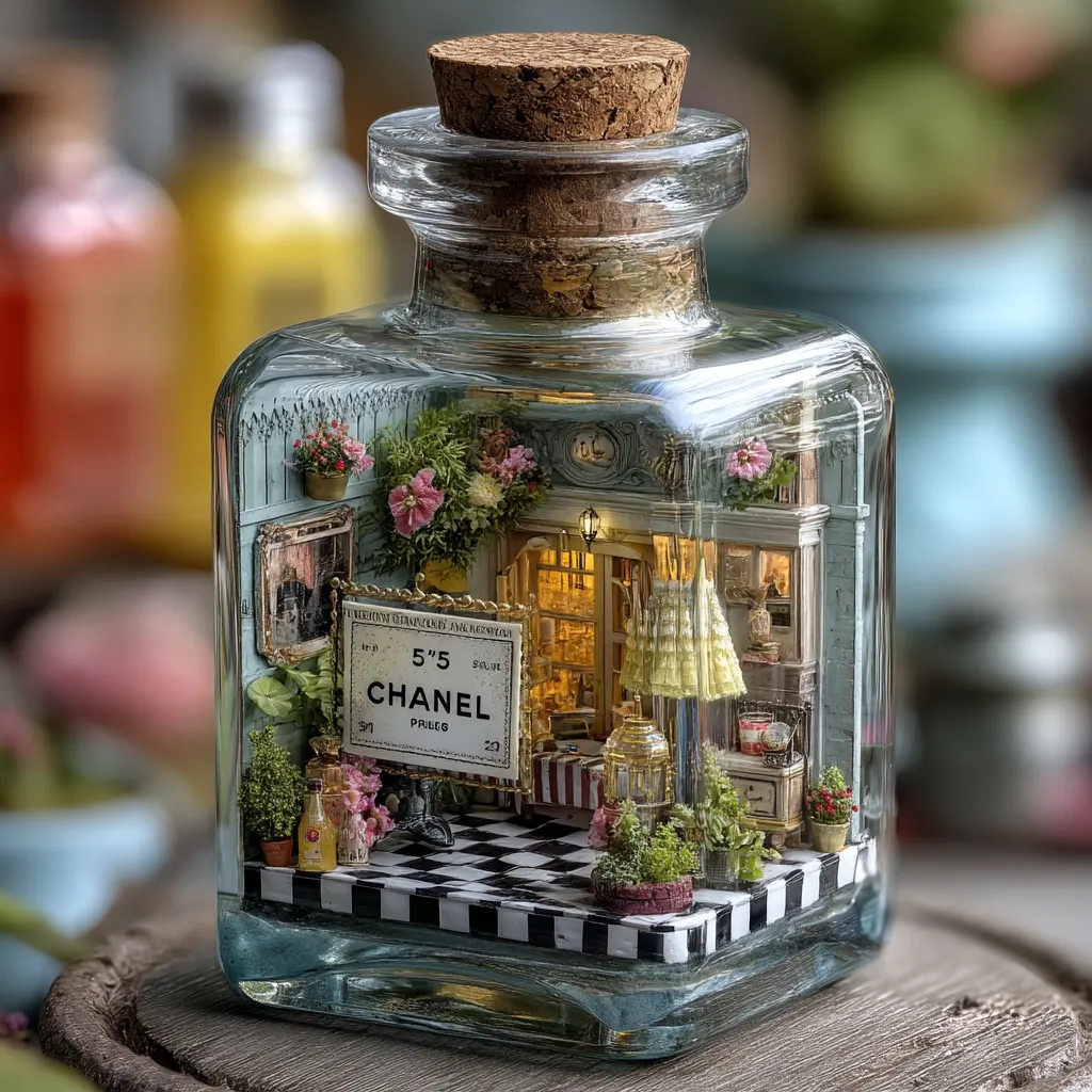 A miniature Chanel No. 5 boutique is intricately crafted inside a glass bottle.  The detailed scene includes a checkered floor, floral arrangements, and a tiny yellow dress displayed on a mannequin.  The bottle is sealed with a cork, creating a charming and whimsical diorama. The overall aesthetic is vintage and romantic, reminiscent of a Parisian perfume shop.