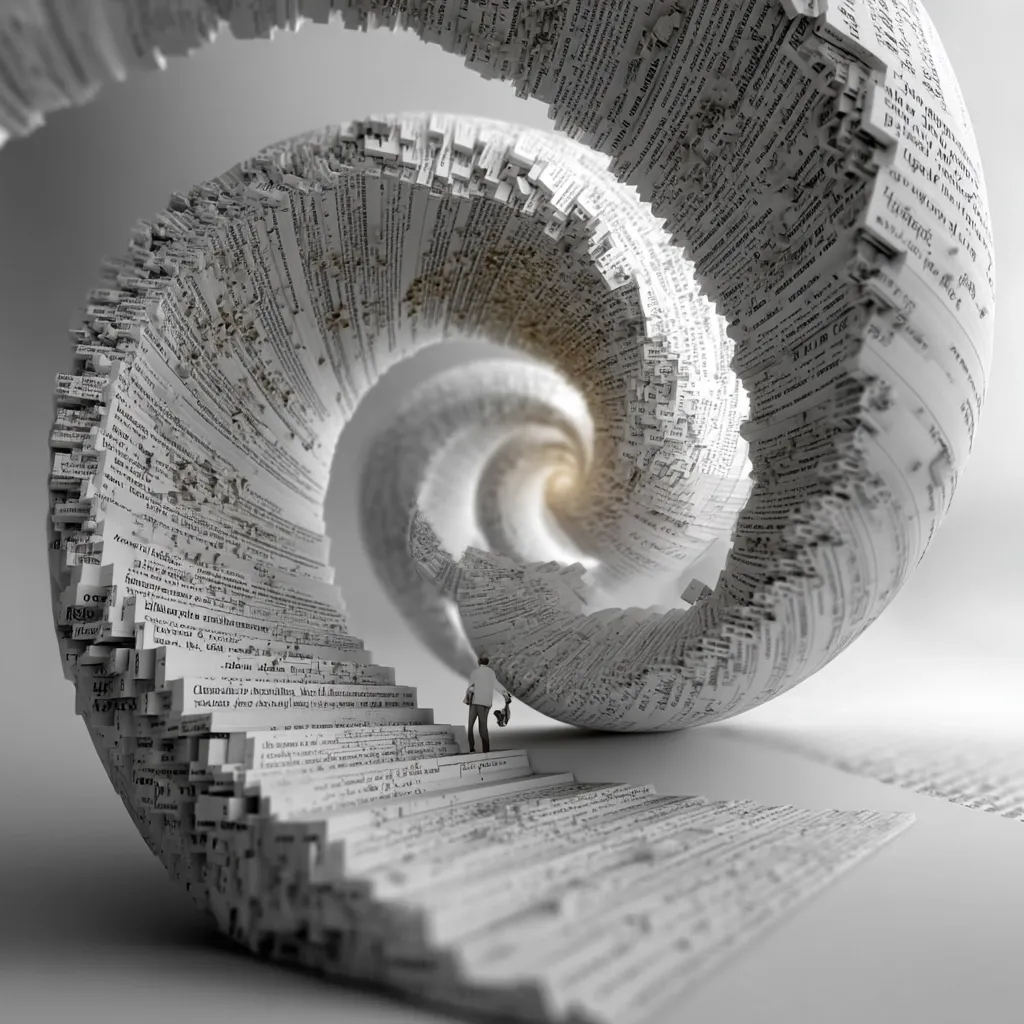 A spiraling staircase constructed from densely packed pages of text ascends into a vortex.  A tiny figure stands at the base, dwarfed by the immense, swirling structure of words. The image evokes a sense of overwhelming information, a journey into the depths of knowledge, or perhaps the labyrinthine nature of the written word. The monochrome palette emphasizes the scale and the textual density.