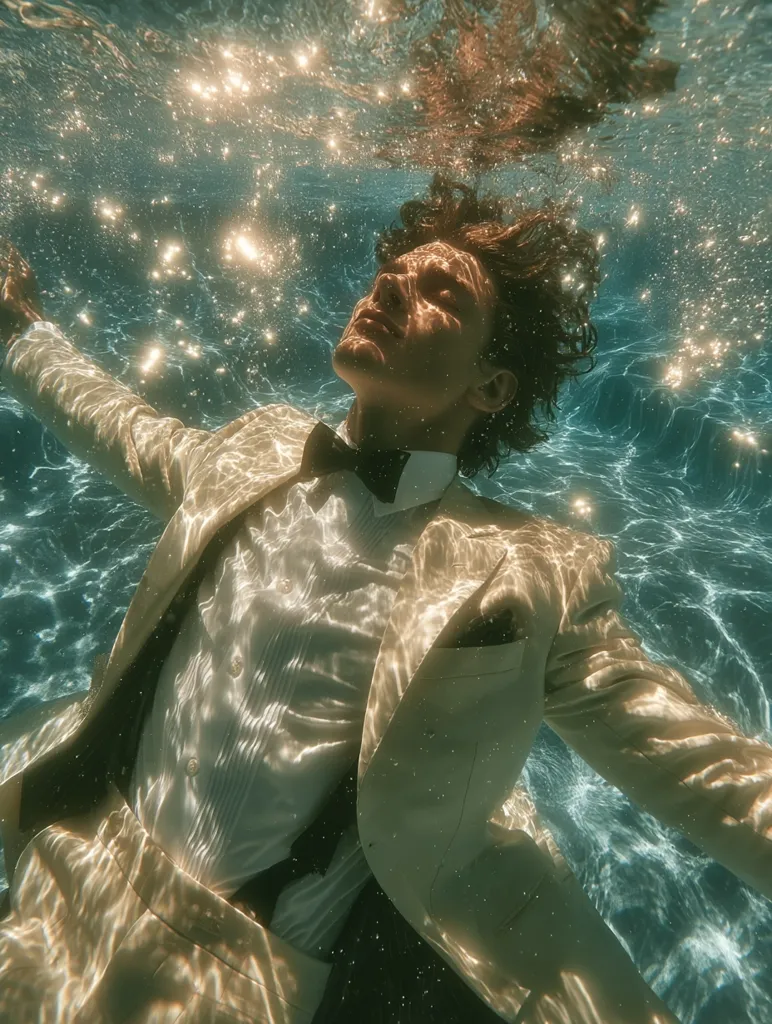 An underwater shot of a man in a beige suit and bow tie.  Sunlight filters through the water, creating a shimmering effect. His eyes are closed, and his head is tilted back, suggesting serenity or contemplation. The scene is ethereal and dreamlike, with a strong sense of calm and mystery.
