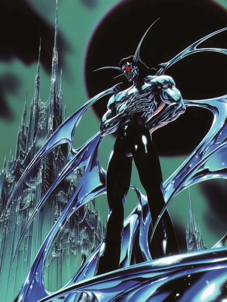 A striking illustration depicts a powerful, dark-skinned humanoid figure with devilish horns and glowing red eyes.  The figure, clad in sleek, dark attire, stands defiantly against a backdrop of a towering, crystalline structure.  Surrounding the figure are sinuous, metallic wings that meld seamlessly with the surrounding environment, creating a dramatic and otherworldly atmosphere. The color palette is predominantly dark blues and greens, emphasizing the figure's imposing presence.