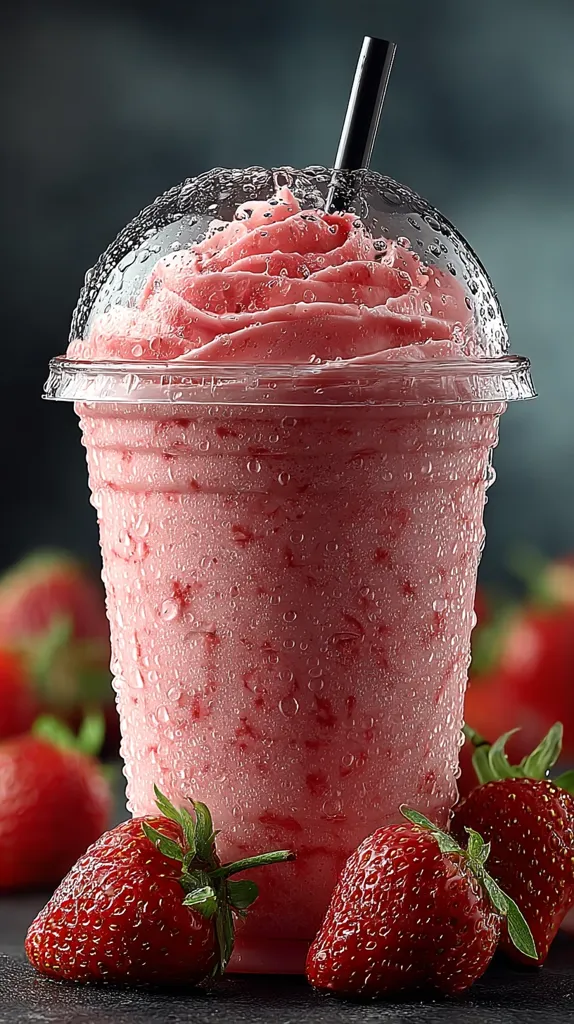 A refreshing strawberry smoothie, topped with whipped cream, sits in a clear plastic cup with condensation.  A black straw sticks out of the creamy pink beverage. Fresh, juicy strawberries surround the base of the cup, adding to the vibrant summery scene.  The image is sharply focused, highlighting the texture of the smoothie and the glistening strawberries.
