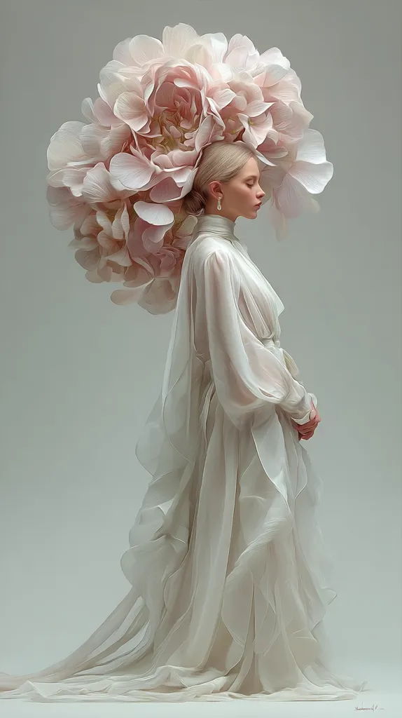A woman in a flowing, light beige gown stands in profile.  A large, sculpted arrangement of pale pink peony blossoms forms a dramatic headdress, cascading down her back. The overall aesthetic is ethereal and romantic, with soft lighting and muted tones enhancing the delicate beauty of the scene.  The woman's pose is serene and graceful.