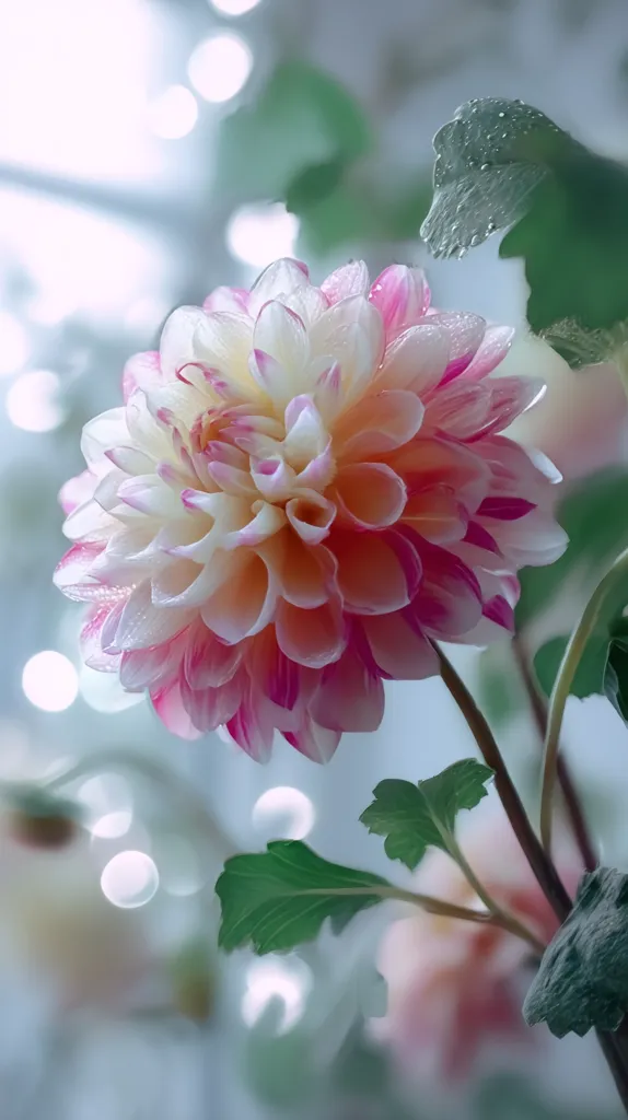 A close-up shot reveals a delicate dahlia, its petals a soft blend of creamy white and blush pink.  Water droplets cling to the petals, enhancing their vibrant hues.  The flower is elegantly positioned against a blurred background of bokeh lights and verdant foliage, creating a dreamy, ethereal atmosphere.  The focus is sharply on the dahlia, making it the undeniable centerpiece of the image.