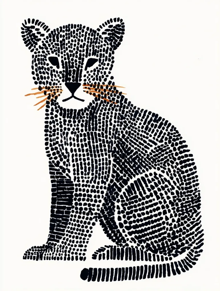 A stylized illustration of a seated panther or leopard. The animal is rendered entirely in black dots of varying sizes, creating a textured effect.  A few orange dots suggest whiskers.  The simple yet expressive design evokes a sense of both strength and tranquility. The white background emphasizes the black form of the cat.