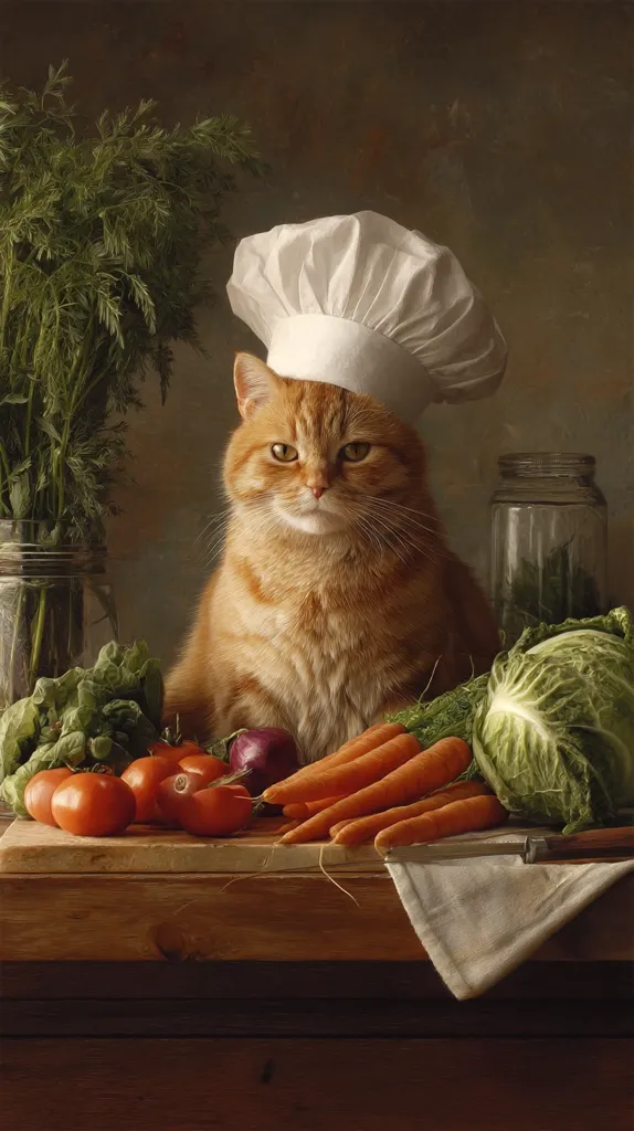 A ginger cat, wearing a chef's hat, sits proudly amidst a bounty of fresh vegetables.  Tomatoes, carrots, a cabbage, and herbs are arranged on a wooden table, creating a still life composition. The cat's serious expression and the arrangement of the ingredients suggest a culinary theme, perhaps a playful portrayal of a feline chef preparing a meal.  The warm lighting and rich tones enhance the image's artistic quality.