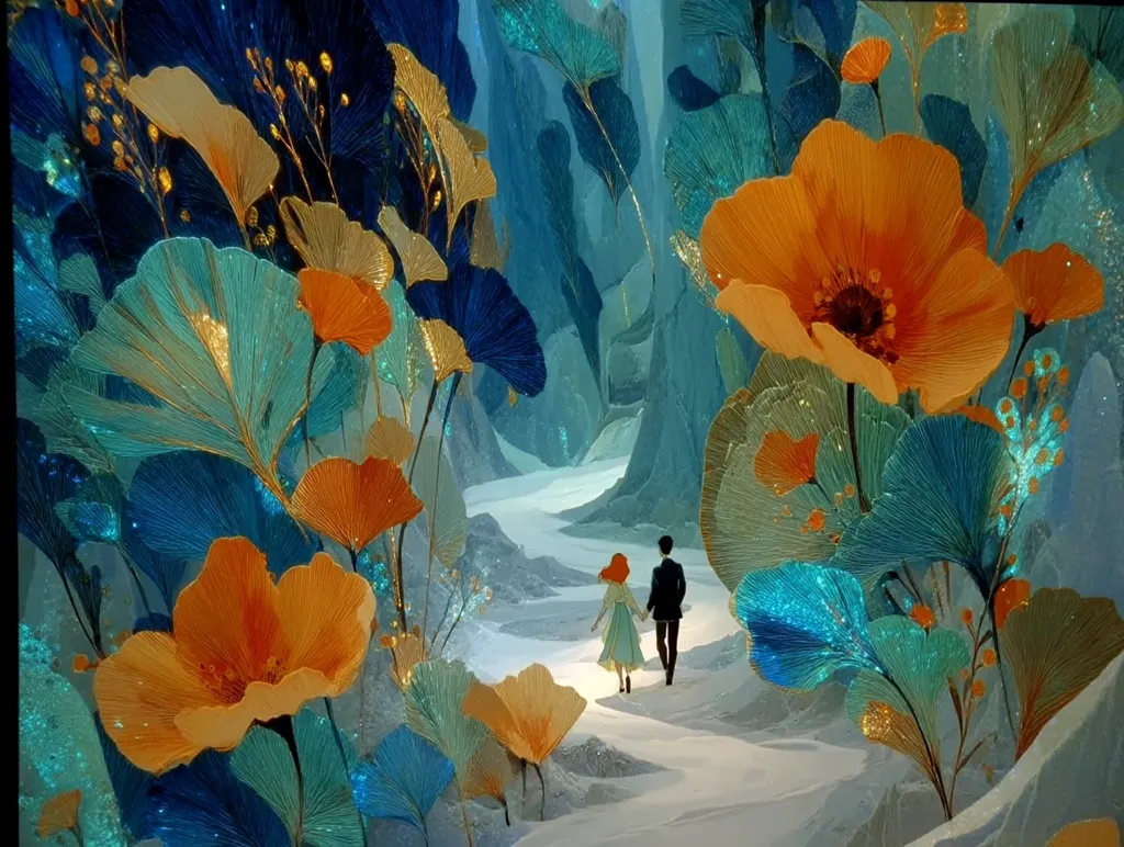 A painting depicts a whimsical path winding through a fantastical forest.  Luminous, textured flowers in teal and orange dominate the scene, their petals shimmering with glitter.  A man and woman, hand-in-hand, walk along the path, their figures small against the vibrant floral backdrop. The overall mood is serene and dreamlike, suggesting a journey into a magical realm.