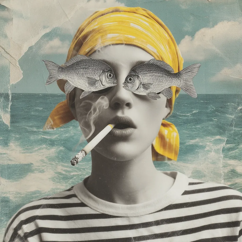 A stylized female figure, depicted in a sepia-toned collage, wears a yellow headscarf.  Two fish replace her eyes, creating a surreal effect.  She smokes a cigarette, with smoke curling from her lips. The backdrop is a textured image of a sea, suggesting a juxtaposition of nature and artifice.  The overall mood is dreamlike and slightly melancholic.