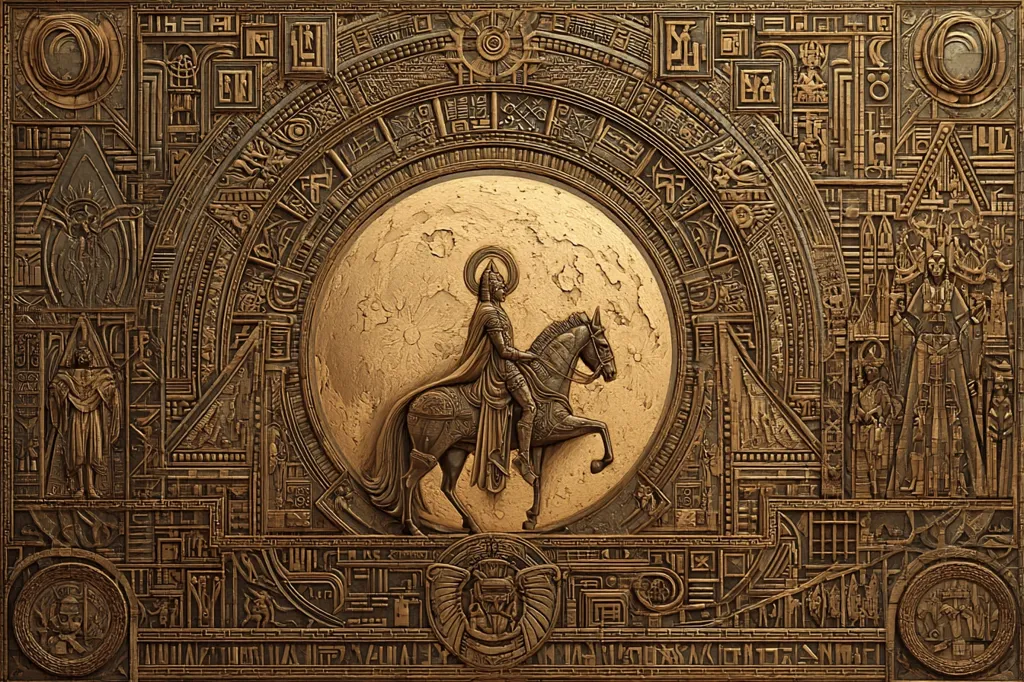 A detailed, bronze-toned bas-relief depicts a crowned figure on horseback within a circular frame.  The central image is surrounded by intricate, ancient Egyptian-style hieroglyphs and symbolic carvings, filling a large rectangular panel.  The style is ornate and complex, suggestive of a powerful, possibly religious, narrative.  The overall effect is one of grandeur and mystery.