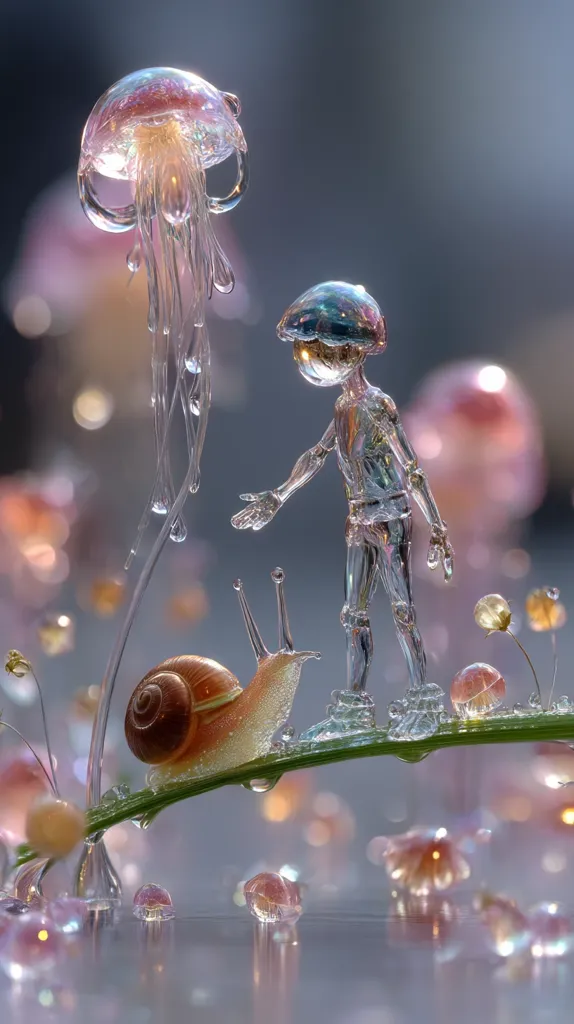 A miniature glass figure stands beside a snail crawling on a leaf.  A glass jellyfish hangs overhead in a dreamy, whimsical scene.  Delicate glass flowers and dew drops add to the ethereal, otherworldly atmosphere. The overall image is soft, delicate, and imbued with a sense of fantasy.