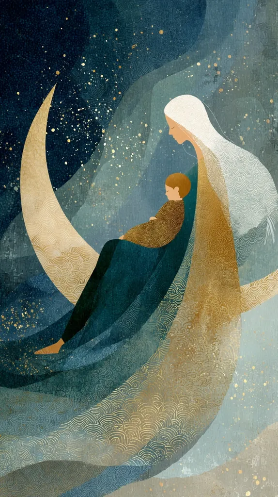 A serene illustration depicts a mother cradling her child, nestled within a crescent moon.  The artwork is rendered in a dreamy style, using flowing teal and gold hues, reminiscent of watercolor.  The background features a starry night sky, adding to the ethereal and peaceful atmosphere.  Delicate patterns adorn the mother's flowing garment and the moon's surface, emphasizing the artwork's artistic detail.