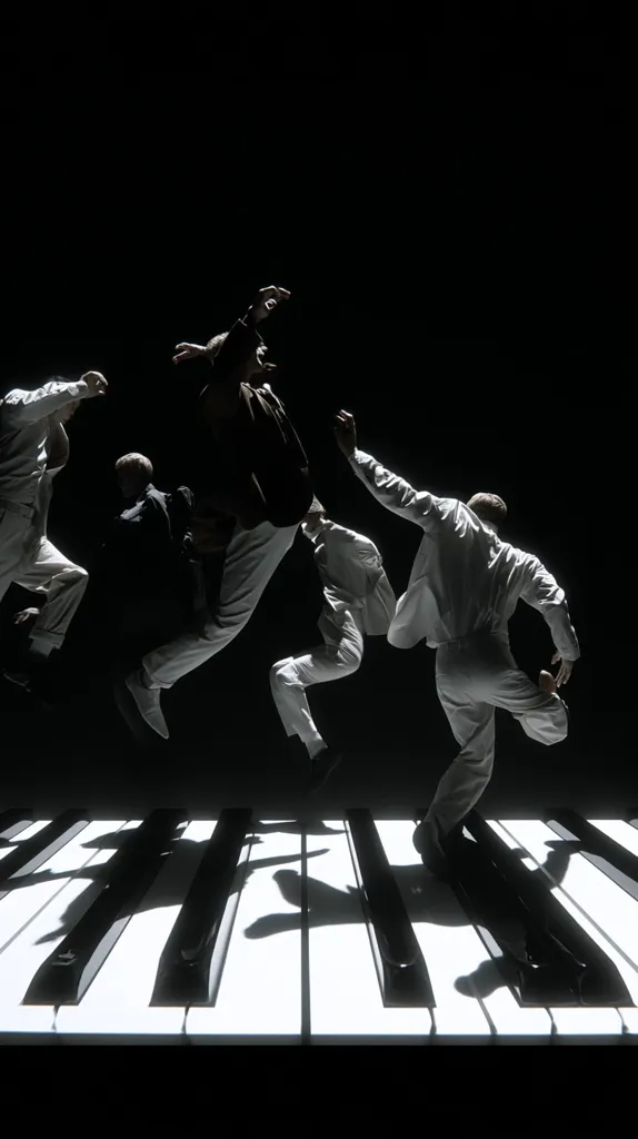 Five figures, silhouetted against a black background, leap dynamically over a giant piano keyboard.  Their movements are sharp and stylized, suggesting a choreographed dance sequence.  The stark contrast between the white clothing of some dancers and the dark clothing of others emphasizes the powerful energy of their performance. The image is dramatic and visually striking.