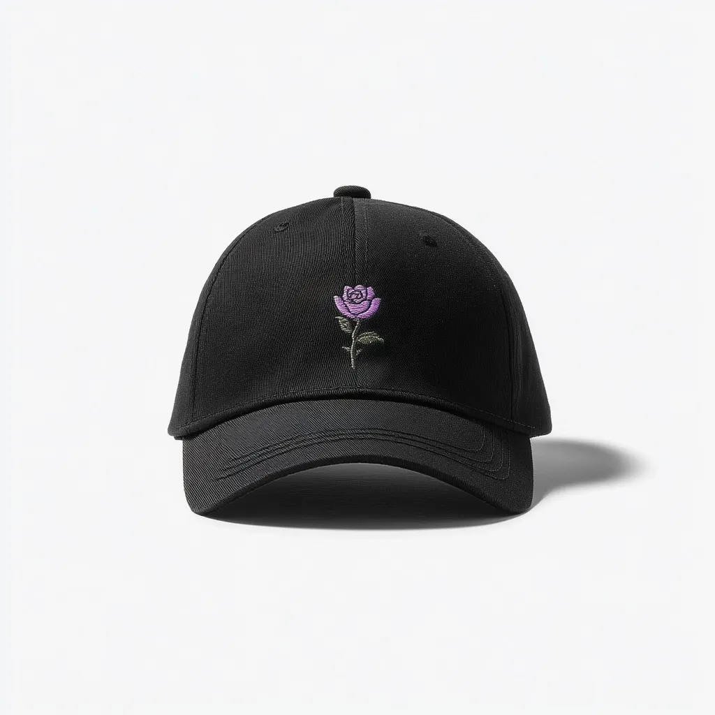 A black baseball cap features a small, embroidered purple rose on the front.  The cap is simple and understated, with a classic design. The embroidered rose adds a subtle touch of elegance. The overall aesthetic is minimalist and stylish.