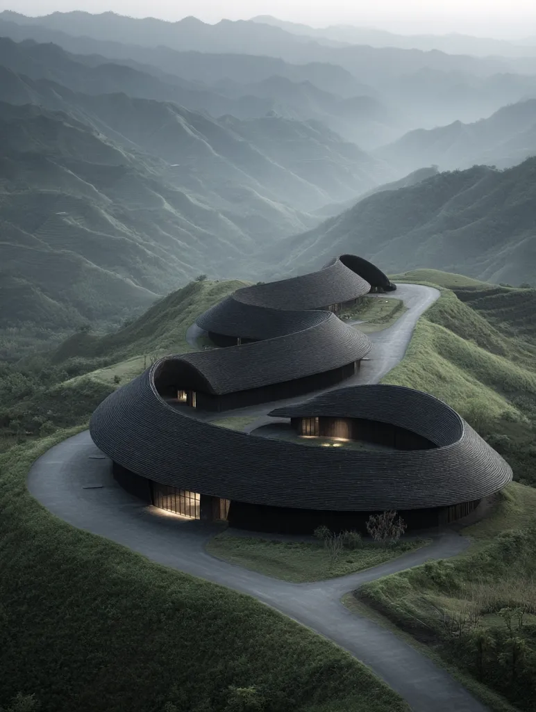 A contemporary architectural marvel nestled within rolling green hills. The structure, dark and curvaceous, seamlessly integrates with the landscape. Its unique design, reminiscent of flowing water, features a series of interconnected, rounded buildings with dark roofs that blend into the surrounding environment.  A paved road gently winds its way through the complex, offering access to this secluded, breathtaking sanctuary.