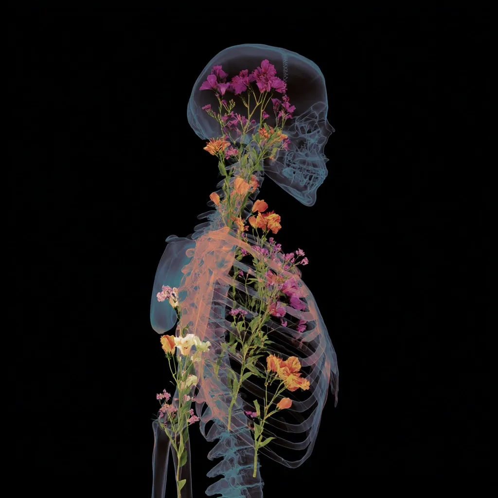 A translucent skeletal figure is depicted against a black background.  Vibrant flowers, in shades of purple, orange, and yellow, sprout from within the ribcage and skull, creating a striking juxtaposition of life and death. The image suggests themes of mortality, beauty, and the fragility of existence. The flowers appear delicate and vibrant against the ethereal form of the skeleton.