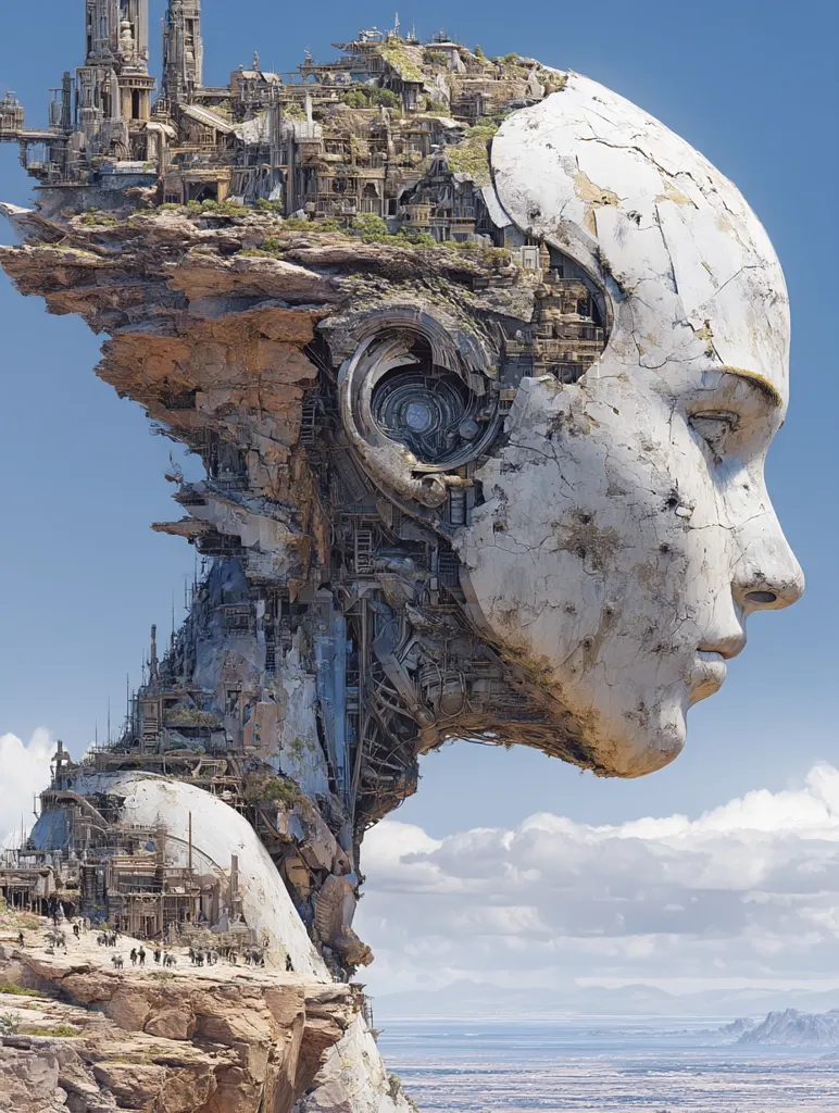 A colossal, weathered stone head, seemingly carved into a cliffside, forms a surreal landscape.  A futuristic, decaying city is nestled within its cranial cavity, a blend of organic rock and metallic structures.  Tiny figures populate the base, adding a sense of scale to the immense, thought-provoking artwork.  The head gazes out over a vast, arid expanse, suggesting a post-apocalyptic or dystopian setting.