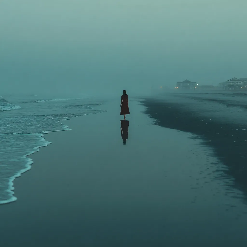 A solitary figure in a dark dress walks along a misty beach at dawn or dusk. The ocean waves gently lap at the shore, creating a serene yet melancholic atmosphere.  In the distance, dimly lit buildings are barely visible through the fog. The woman's reflection is mirrored in the calm, dark water, adding to the image's contemplative mood.