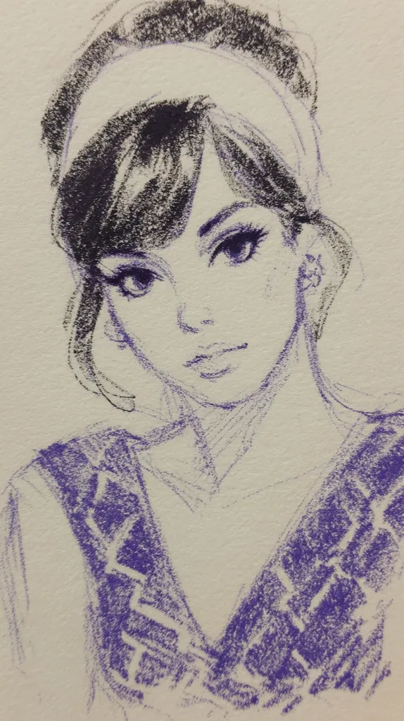 A stylized portrait sketch of a young woman with dark hair pulled back under a headband.  She has large expressive eyes and a serious expression.  The drawing is done in shades of purple and black, likely pastel or charcoal, on textured paper. The style suggests a vintage or retro aesthetic, possibly inspired by 1960s fashion.  The woman wears a patterned v-neck top.  The sketch is detailed in the face and hair, while the clothing is more loosely rendered.