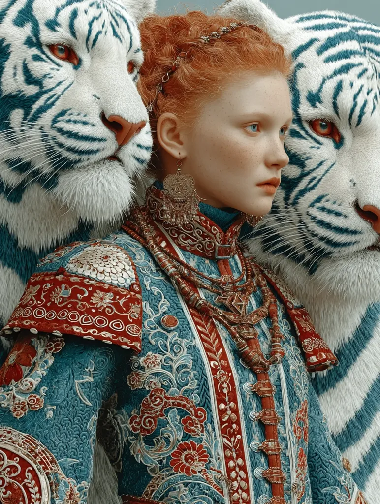 A young woman with vibrant red hair, adorned in an intricately embroidered teal and red garment, is flanked by two majestic white tigers.  Her ornate clothing features gold accents and elaborate detailing.  She wears large, golden earrings and a multi-layered necklace. The tigers' striking blue markings and intense gaze frame her portrait, creating a captivating and surreal scene.