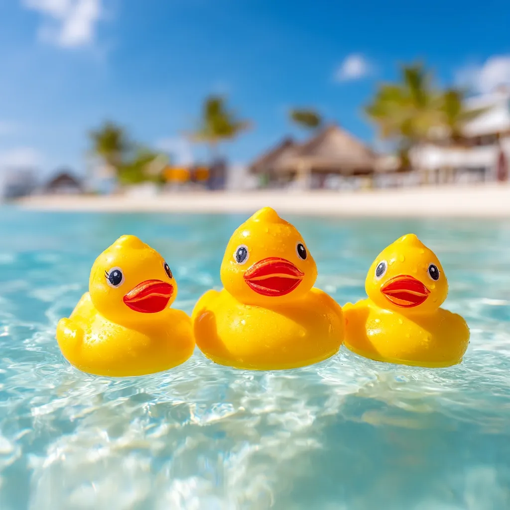 Three yellow rubber duckies float in calm, turquoise water.  A tropical beach with palm trees and beach huts is softly blurred in the background, suggesting a relaxing vacation scene. The ducks are positioned in a row, creating a playful and cheerful image. The bright sun and clear water enhance the summery atmosphere.