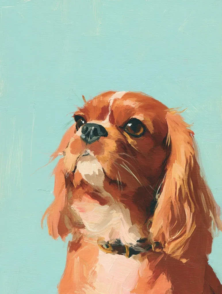 A vibrant, loose-style painting depicts a Cavalier King Charles Spaniel.  The dog's reddish-brown fur is rendered with visible brushstrokes, giving a textured effect.  Its expressive eyes and slightly upturned nose convey a curious and alert demeanor. The background is a soft, pale aqua blue, contrasting beautifully with the dog's rich coat. The overall style is impressionistic, focusing on capturing the essence of the pet rather than minute detail.
