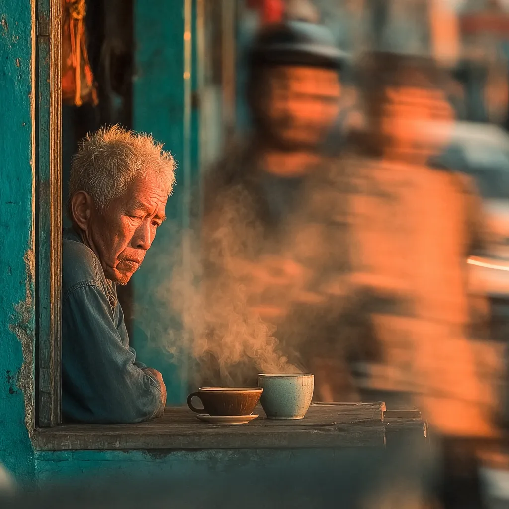 An elderly man with graying hair sits at a window, gazing pensively at two steaming cups of coffee or tea on a weathered wooden surface.  The background is blurred, suggesting movement and activity in a bustling street scene. Warm, golden light casts a nostalgic ambiance, highlighting the man's contemplative mood and the simple act of enjoying a warm drink.