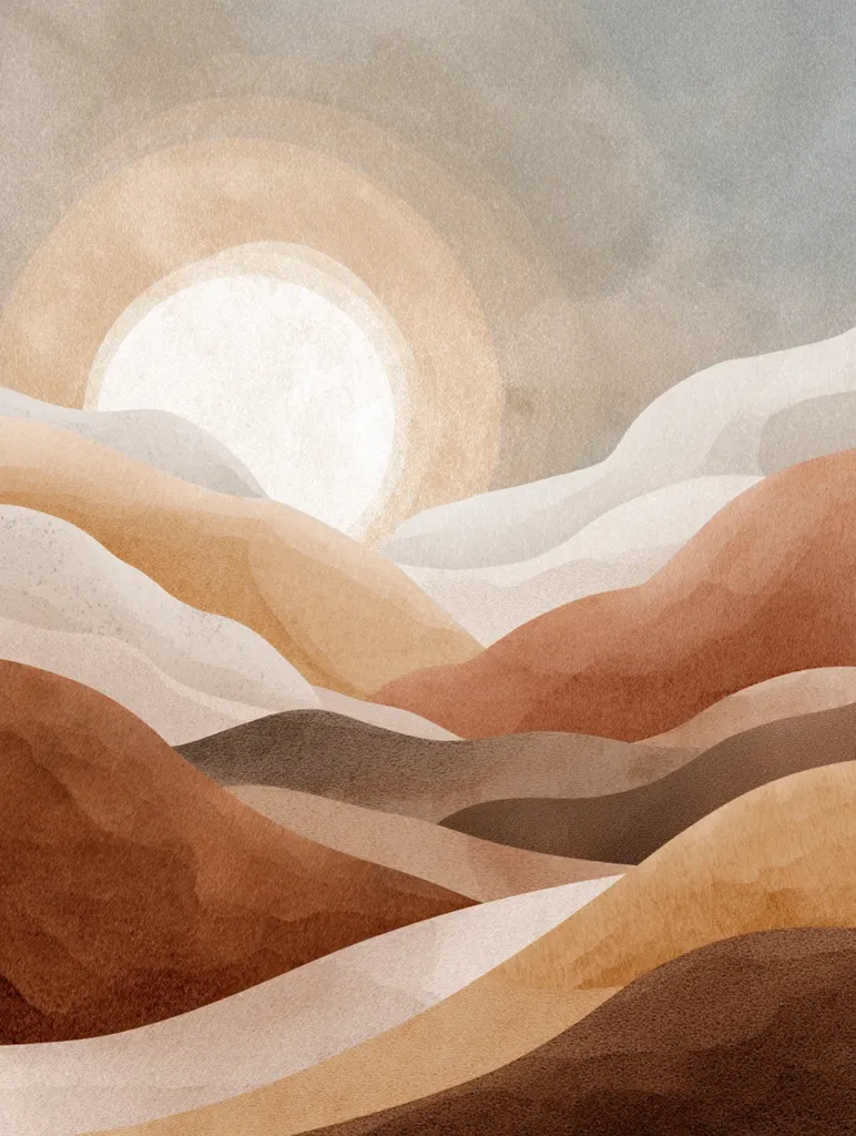 A stylized landscape painting features a large, pale sun setting behind rolling hills. The hills are rendered in muted earth tones, ranging from creamy beige to deep browns and reddish-browns.  The watercolor-like texture gives a soft, dreamy quality to the scene, evoking a sense of calm and serenity.  The overall palette is warm and inviting.