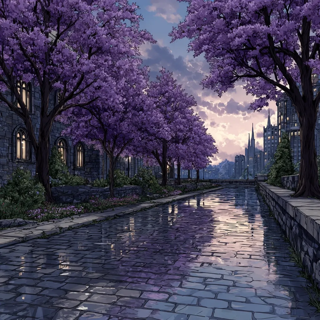 A tranquil cobblestone street, glistening from recent rain, is lined with vibrant purple flowering trees.  Stone buildings with warm, inviting window lights flank the path, which leads to a cityscape in the distance.  The sky displays a soft, twilight hue, creating a serene and picturesque scene.  The reflection of the trees and buildings shimmer on the wet stones.