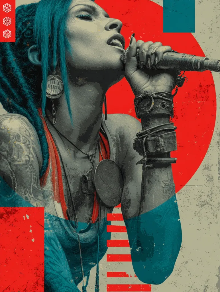 A stylized portrait of a woman with teal hair and tattoos singing into a microphone.  The image is composed of geometric shapes in red, teal, and beige, creating a grunge aesthetic.  Her expression is intense, and she wears layered jewelry and a sleeveless top. The overall style evokes a punk or alternative rock vibe.