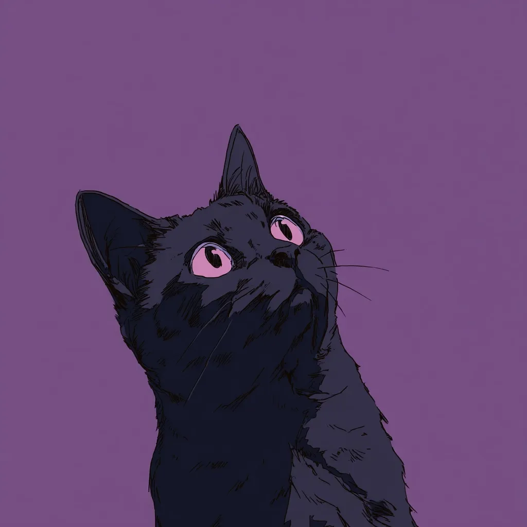A stylized illustration of a black cat looking upward with wide, pink eyes.  The cat is depicted in a dark, almost outlined style against a solid purple background. The image has a slightly melancholic or curious mood, emphasizing the cat's expressive gaze and features. The overall aesthetic is modern and graphic.