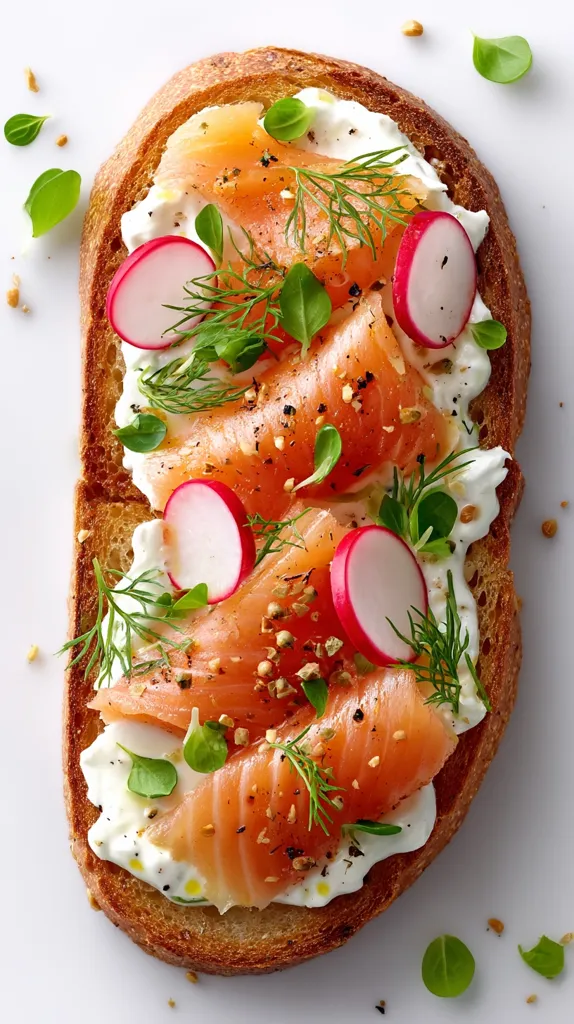 A gourmet open-faced sandwich features toasted bread topped with creamy cheese, smoked salmon, thinly sliced radish, fresh dill, and a sprinkle of herbs and spices.  The vibrant colors and fresh ingredients create an appetizing image. The presentation is elegant and simple, perfect for a light meal or appetizer.