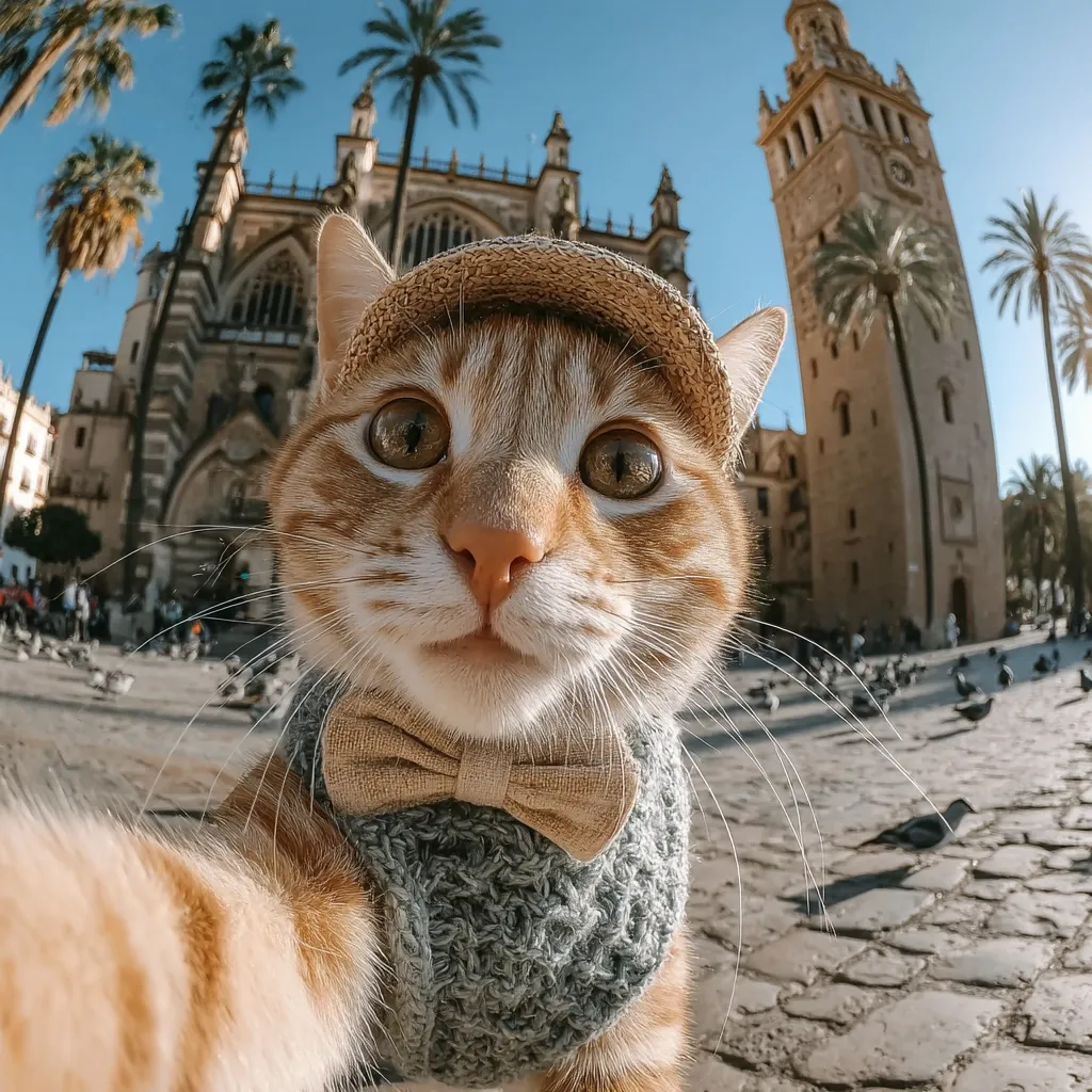 A ginger cat, wearing a straw hat, bow tie, and knitted sweater, takes a selfie in a sunny plaza.  The background features a grand cathedral and a tall tower, surrounded by palm trees and pigeons.  The wide-angle shot creates a playful, close-up perspective of the cat's face.
