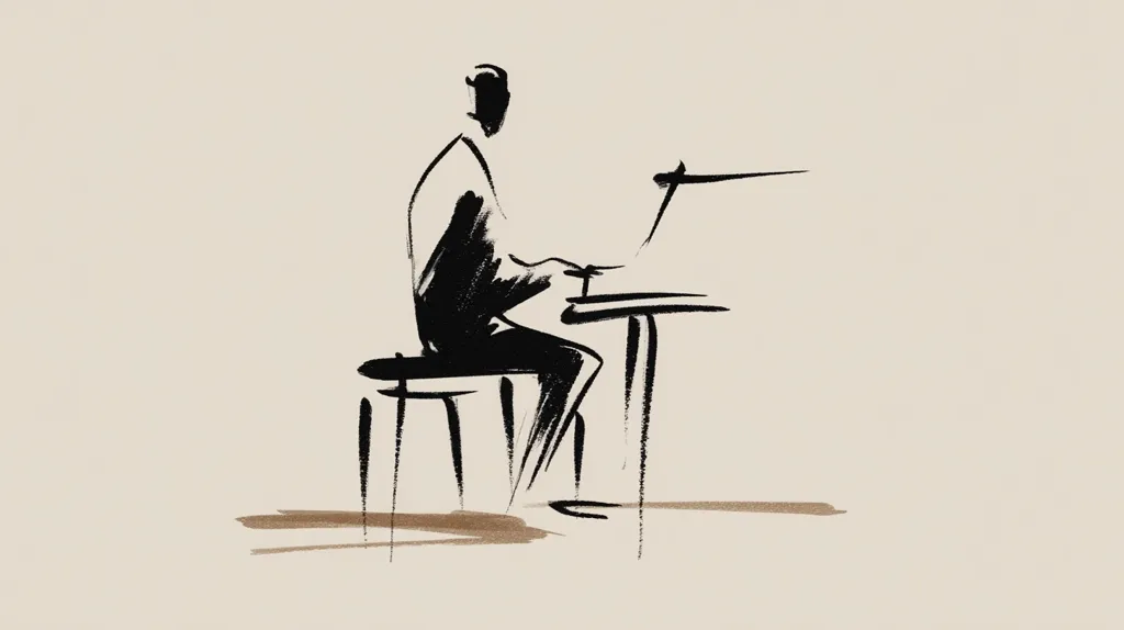 A minimalist ink drawing depicts a person seated at a piano. The figure is rendered in black, with simple lines suggesting clothing and posture. The piano is sketched with loose, expressive strokes.  The overall style is suggestive and evocative rather than detailed, focusing on capturing the essence of the musician and their instrument.  A muted beige background enhances the contrast.