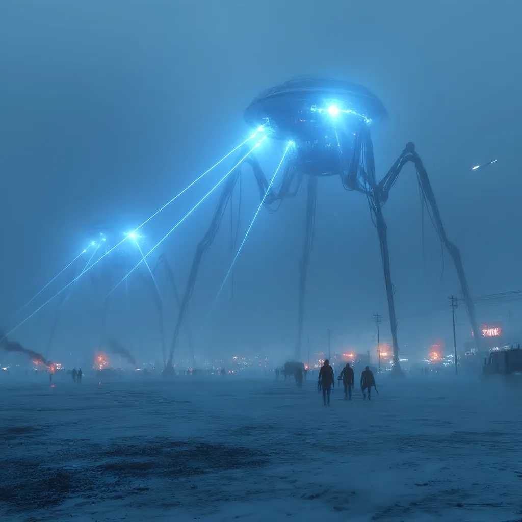A colossal tripod alien war machine looms over a snow-covered landscape, its glowing blue beams illuminating a desolate scene.  Smaller, similar machines are visible in the distance, casting an eerie glow.  Silhouetted human figures, small and vulnerable, walk towards the behemoth in the twilight, a stark contrast of power and helplessness.  The overall atmosphere is one of chilling dread and impending doom.