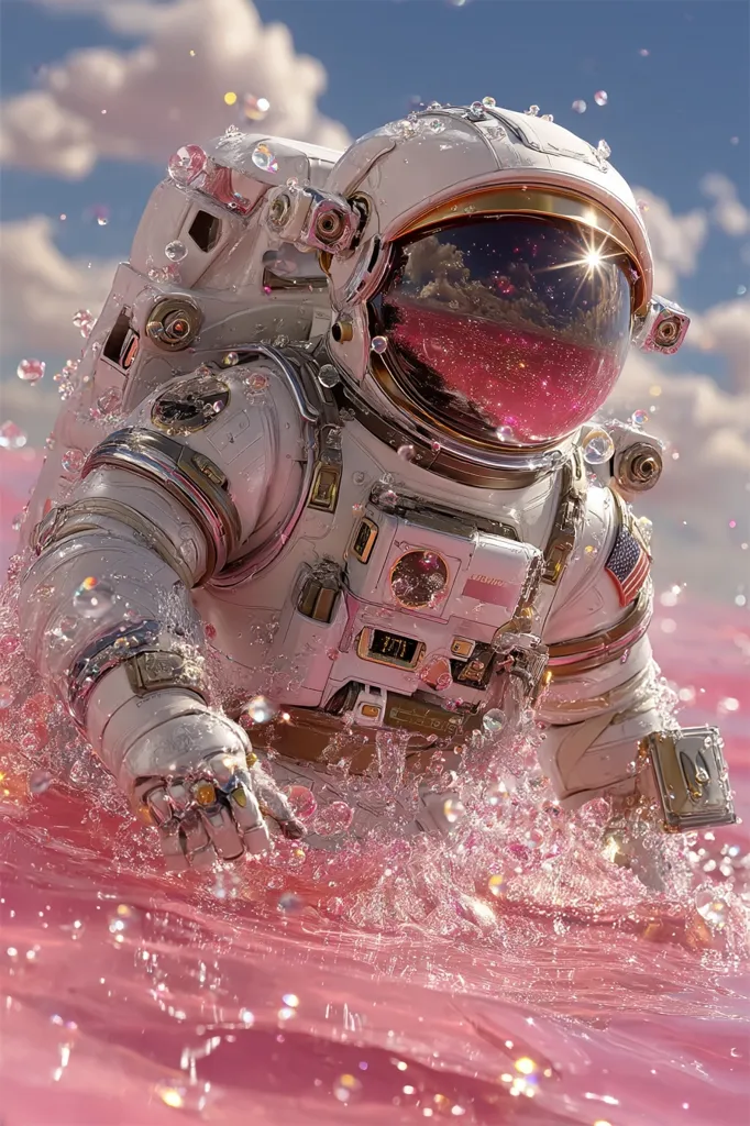An astronaut in a white spacesuit with gold accents is submerged in a vibrant pink liquid.  Water splashes around the figure, creating a surreal and dreamlike scene. The astronaut's helmet reflects a pink sky, enhancing the otherworldly atmosphere. Bubbles and droplets adorn the suit and water's surface.  The overall image is visually striking and fantastical.