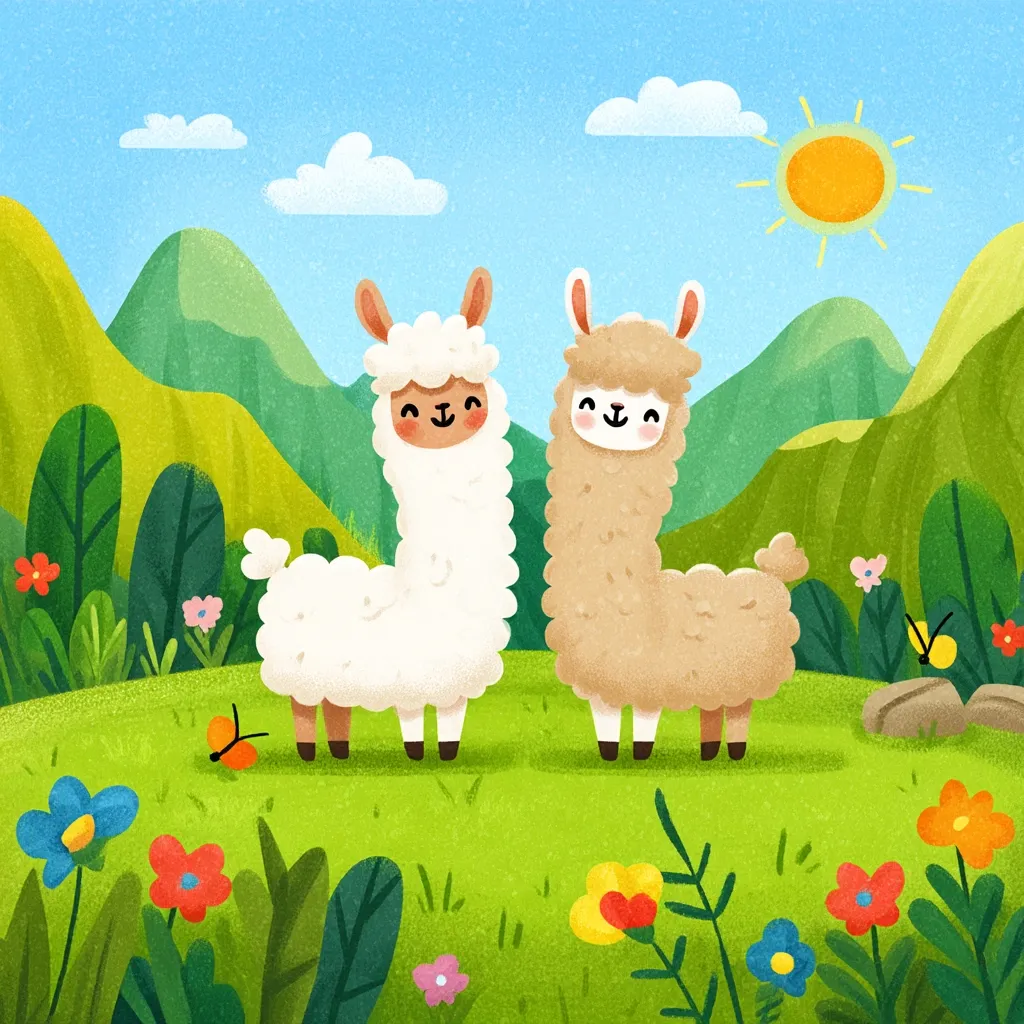 Two adorable llamas stand in a vibrant green field, framed by lush foliage and colorful flowers.  Rolling green hills and a bright sun form a cheerful backdrop.  Butterflies flutter nearby, adding to the idyllic, whimsical scene. The llamas, one white and one light brown, are depicted with sweet, simple features.