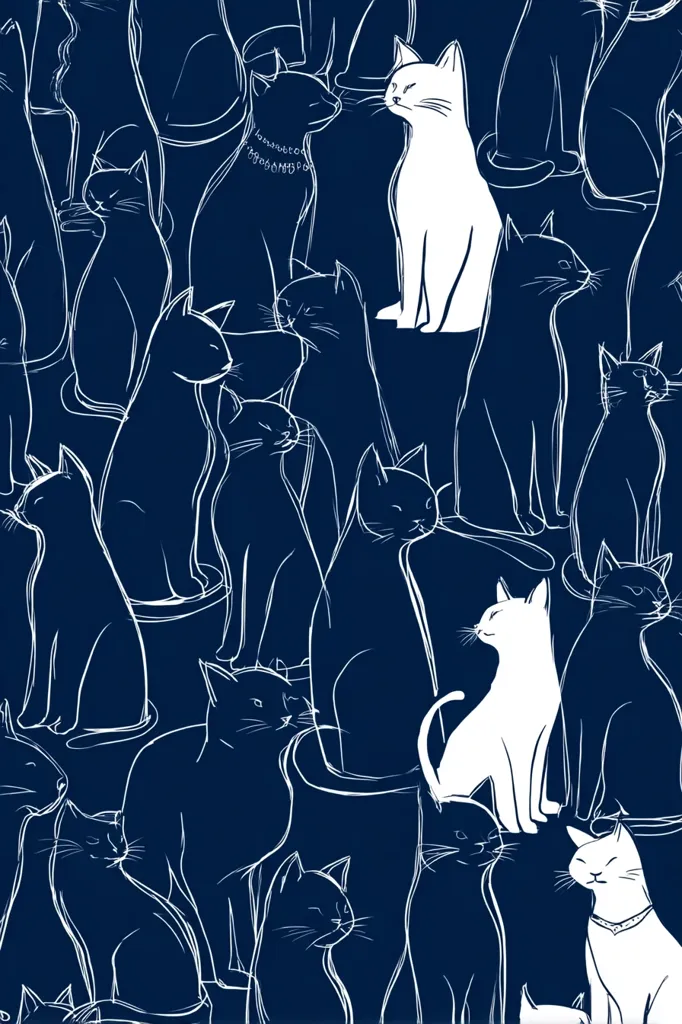 A navy blue background is densely populated with white line drawings of cats in various poses.  The cats are mostly depicted in profile, some sitting, some standing. Two distinct white cats stand out against the others, adding a focal point to the busy, repeating pattern.  The overall style is minimalist and stylish.