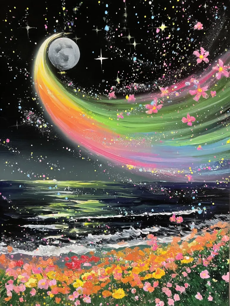 A vibrant painting depicts a whimsical night scene. A rainbow arc, streaked with pink and green, flows from a full moon over a dark ocean.  The water gently laps a shoreline brimming with colorful flowers.  Stars and glittering specks fill the night sky, adding to the dreamy, fantastical atmosphere.  The overall style is expressive and painterly.